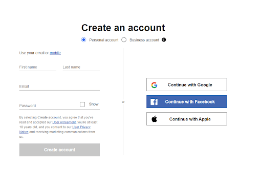 eBay Create Account page