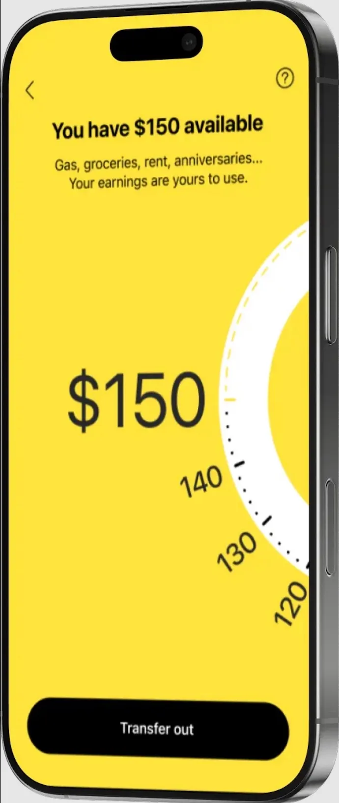 Image of EarnIn cash advance app in the Cash Out screen showing $150 available