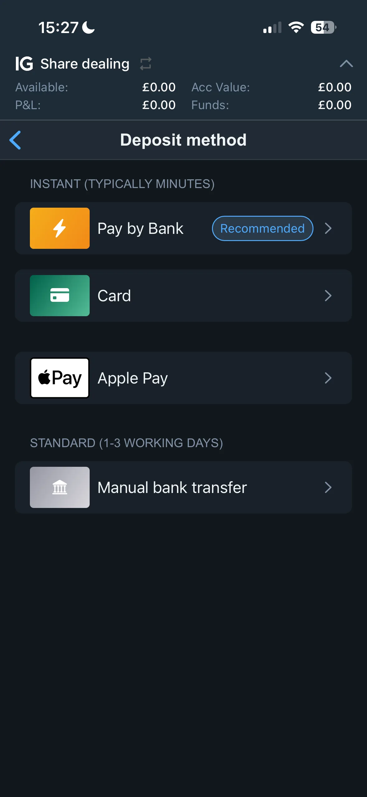 IG deposit funds screen