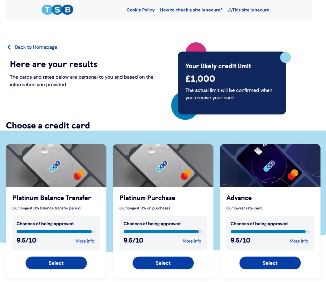 TSB's pre-approval screen showing chances of approval and predicted credit limit