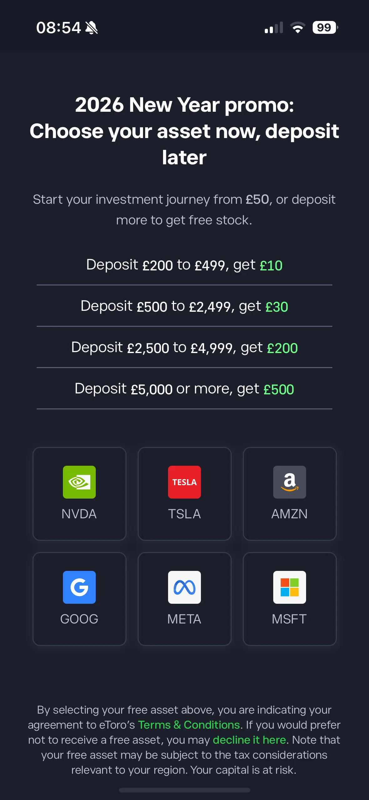 In-app explanation of eToro New Year promo