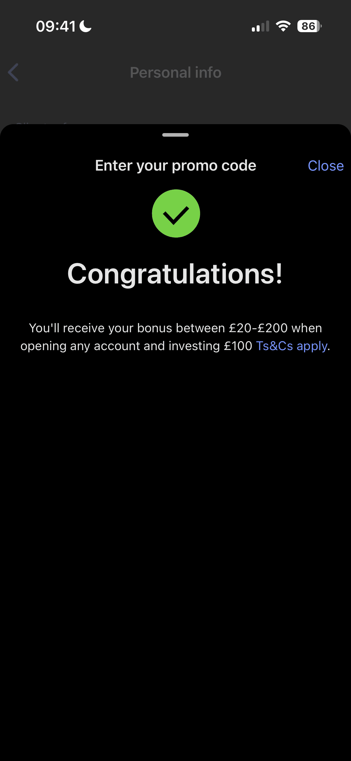 Step 3 in applying your InvestEngine promo code (screenshot)