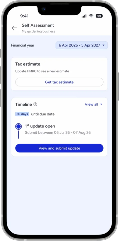 A smartphone with the Tide business banking app open. The screen shows a propmt to view a tax estimate for a gardening business, above a timeline reminding the business owner when their next Making Tax Digital filing is due.