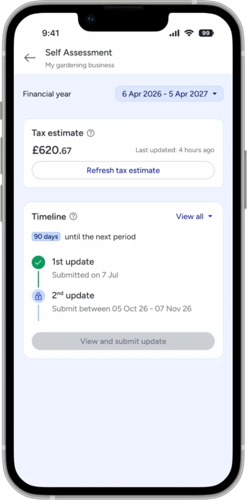 A smartphone with a business banking app open. The screen shows a tax estimate, above a timeline and a prompt to view and submit a quarterly Making Tax Digital filing.