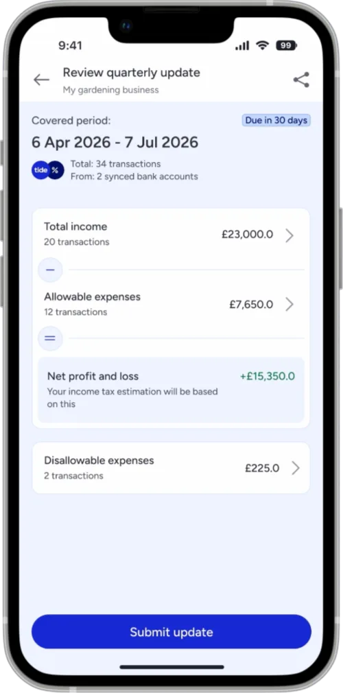 A smartphone with a business banking app open. The screen shows a preview of a quarterly Making Tax Digital update, over a blue button to submit the update to HMRC.