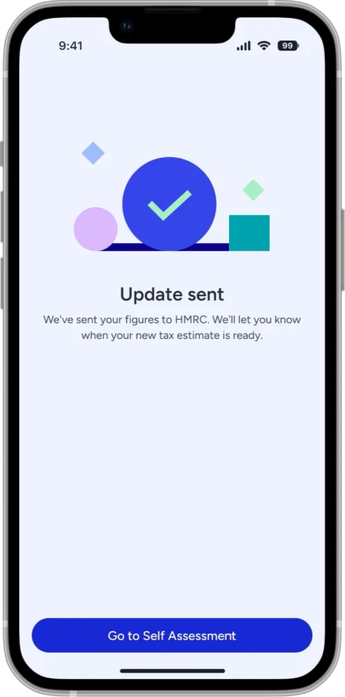 A smartphone with a business banking app open. The screen shows a confirmation page telling the user that the app has sent the figures to HMRC.