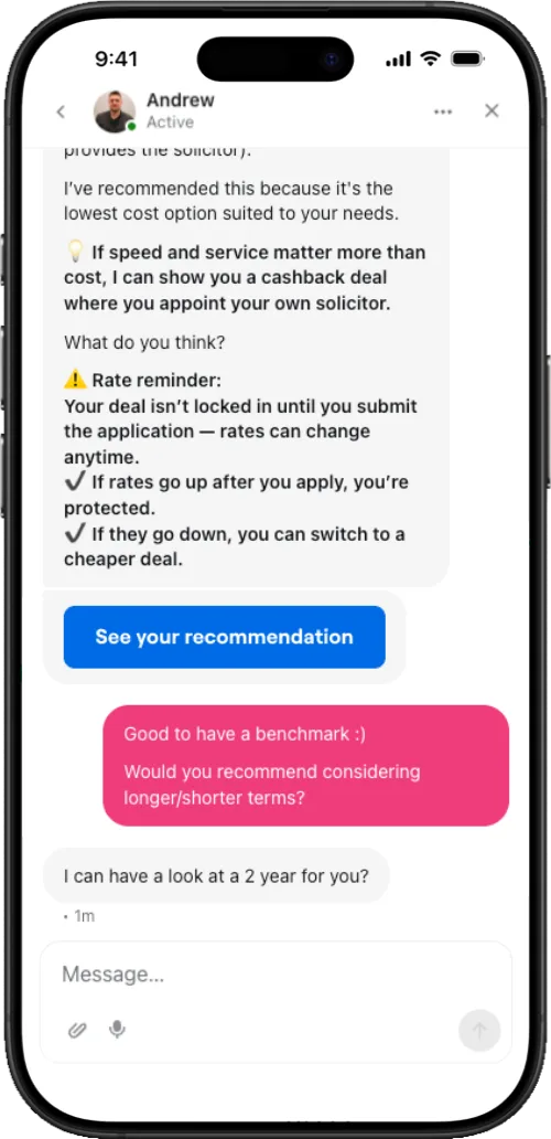 Habito screenshot showing a user chatting live with a qualified mortgage adviser.
