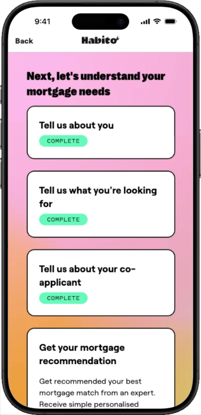 A smartphone with the Habito online first-time buyer journey showing which stages (such as 'Tell us what you are looking for') have been completed.