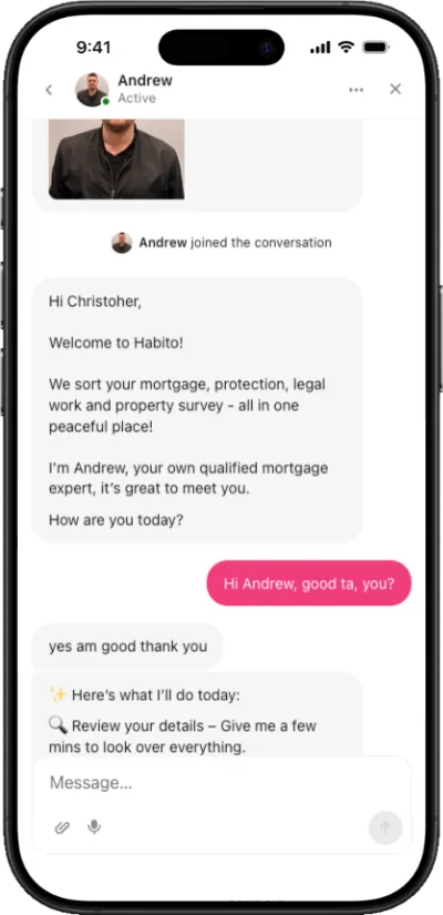 A smartphone with the Habito online mortgage advice live chat showing. A qualified mortgage expert is explaining how he can help the first-time home-buyer he is speaking with.