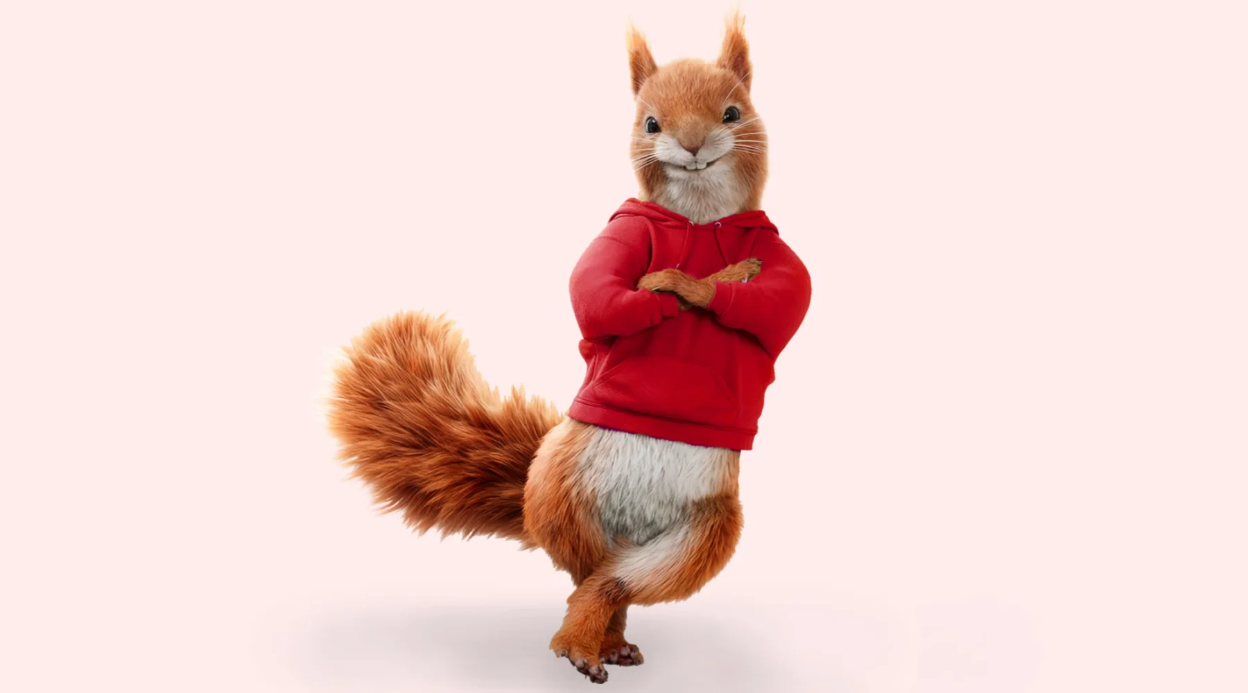 The Savvy Squirrel character in a red hoodie