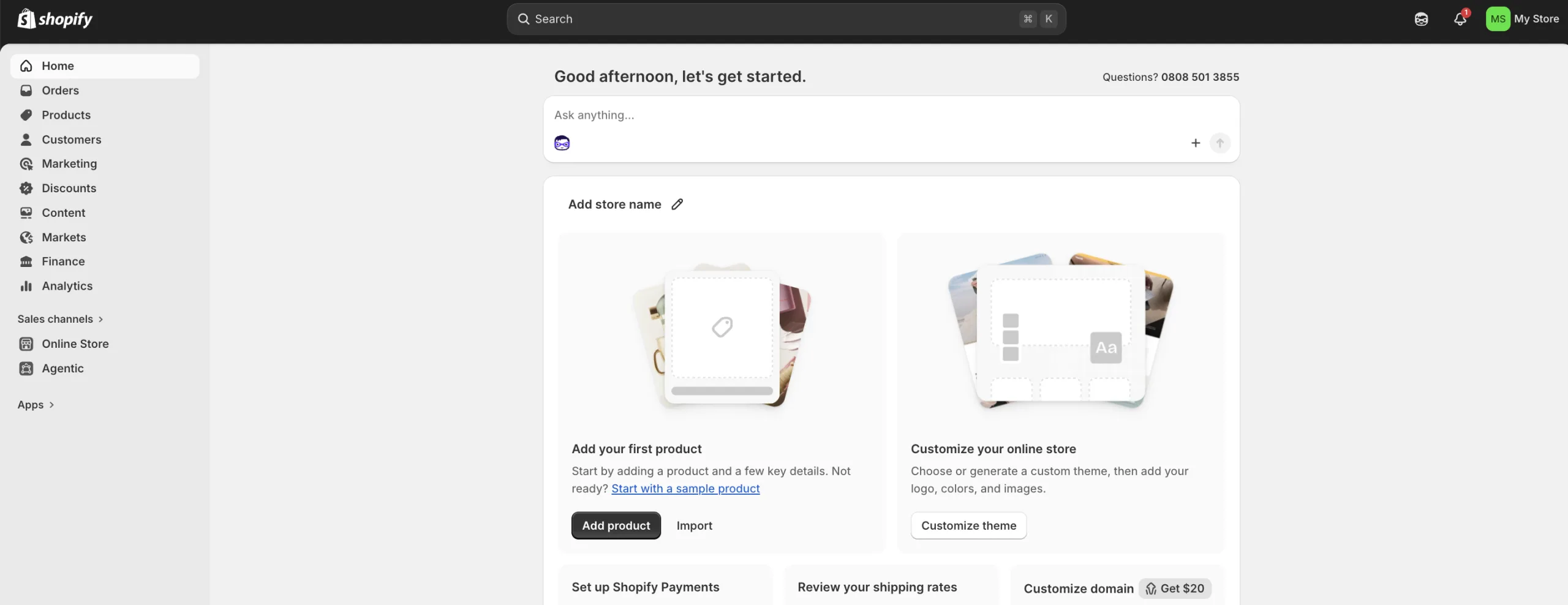 Shopify merchant dashboard overview screen for a newly created store account