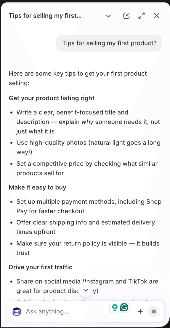 Shopify Sidekick AI chat assistant interface showing a conversation workflow