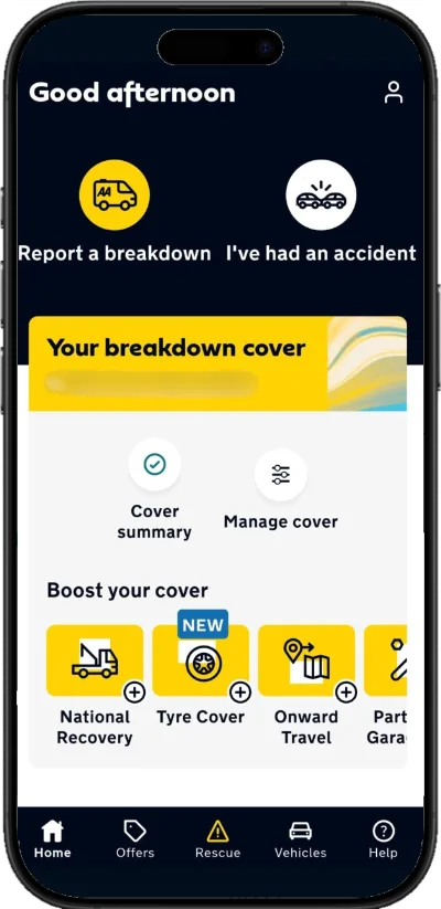 A smartphone with a persons AA breakdown policy.