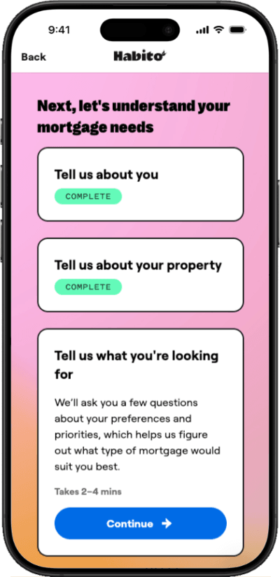 A smartphone with the Habito registration journey showing.
