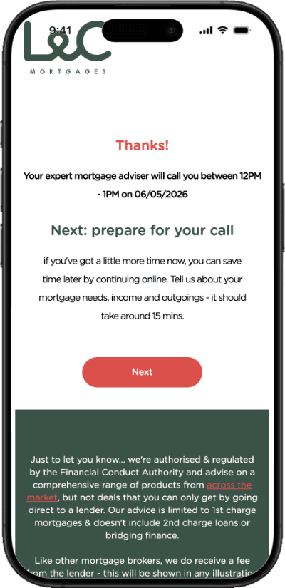 A smartphone with a web browser open, showing the L&C phone appoinment booking confirmation screen.