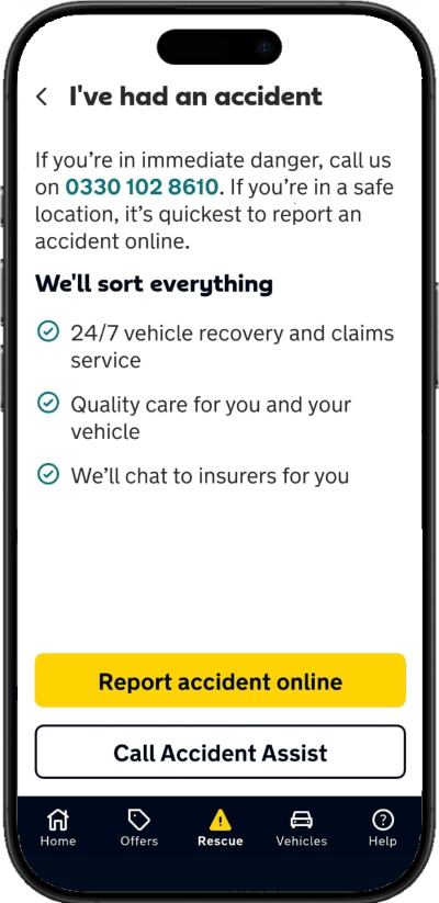 A smartphone with The AA's reoprt accident tool.