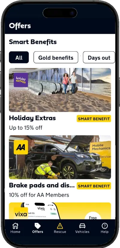 A smartphone with The AA's smart benefits offers for members.