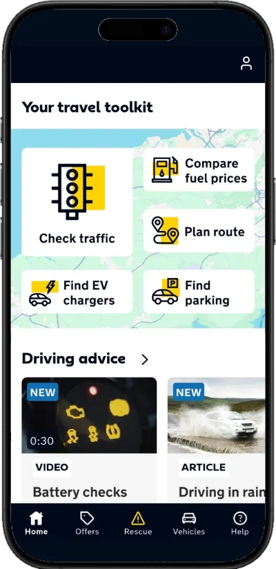 A smartphone showing with The AA's travel toolkit fetaure.