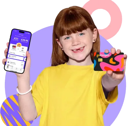 girl holding a GoHenry card and phone with GoHenry app
