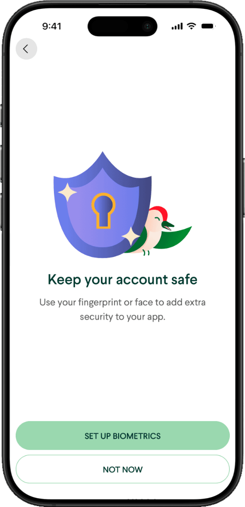 A smartphone with the Taptap send international money transfer app open. The screen shows a prompt to enable biometrics, ensuring that only the user can action a transfer.