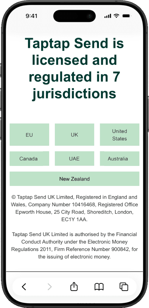 A smartphone with an international money transfer app open. The interface shown allows users to view licensing and authorisation details by region.
