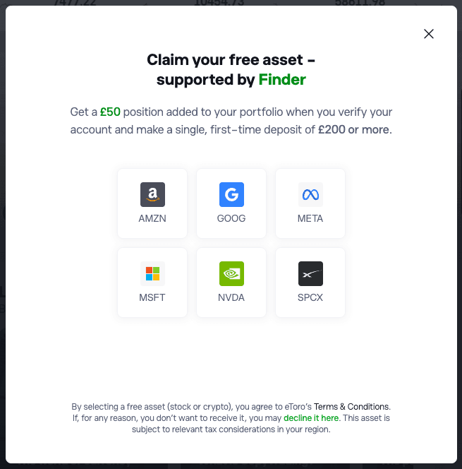 The free stock selection interface in the eToro registration journey.