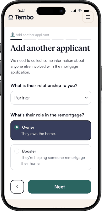 Image: Finder Tembo screenshot showing part of the onboarding form where you add another applicant's details – if you're buying with somebody else or with support of a 'booster' (typically a family member who helps you put up a larger deposit).