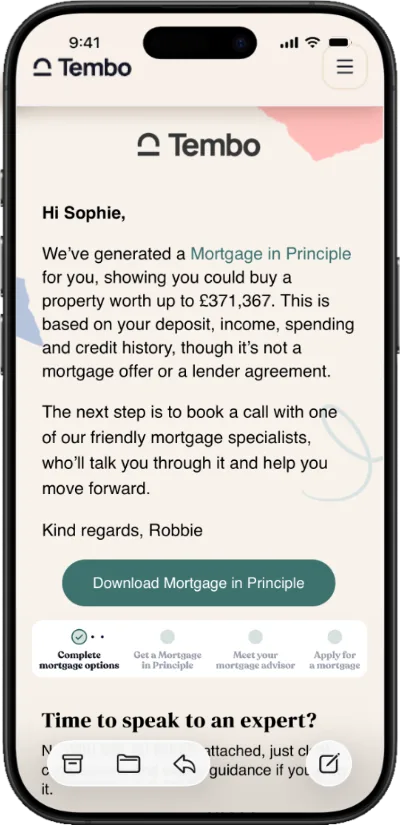 A smartphone showing a mortgage in principle from Tembo.