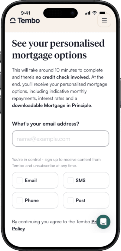 A smartphone with the Tembo registration journey showing the initial account creation flow.