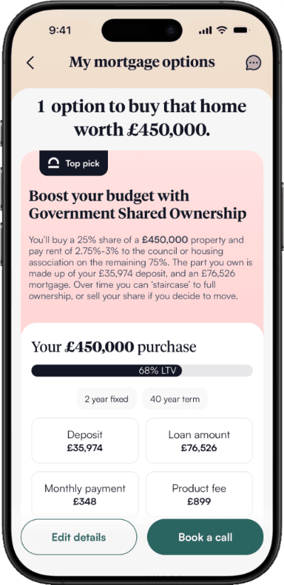 Image: Finder A screenshot of Tembo's app, showing an overview of Government Shared Ownership as a potential avenue for the user – a first-time buyer – to purchase the home they are interested in.
