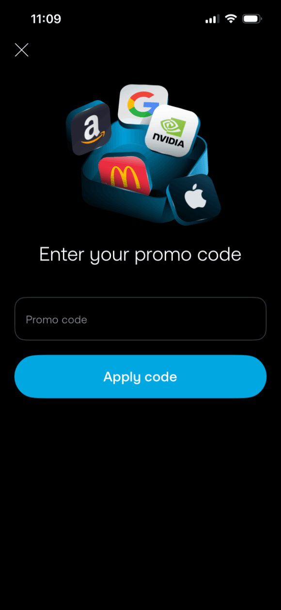 Trading 212 app screenshot showing promo code field.