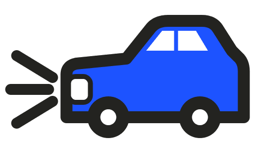 blue cartoon icon of the side-profile of a car with its headlights on
