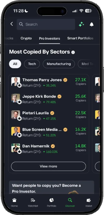 A smartphone with the most copied copytraders on the eToro app showing.