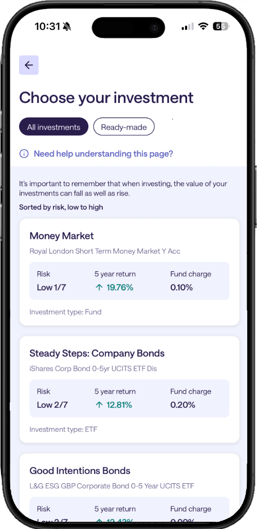 A screenshot from the MoneySuperMarket app showing the top of the list of available investments you can make.