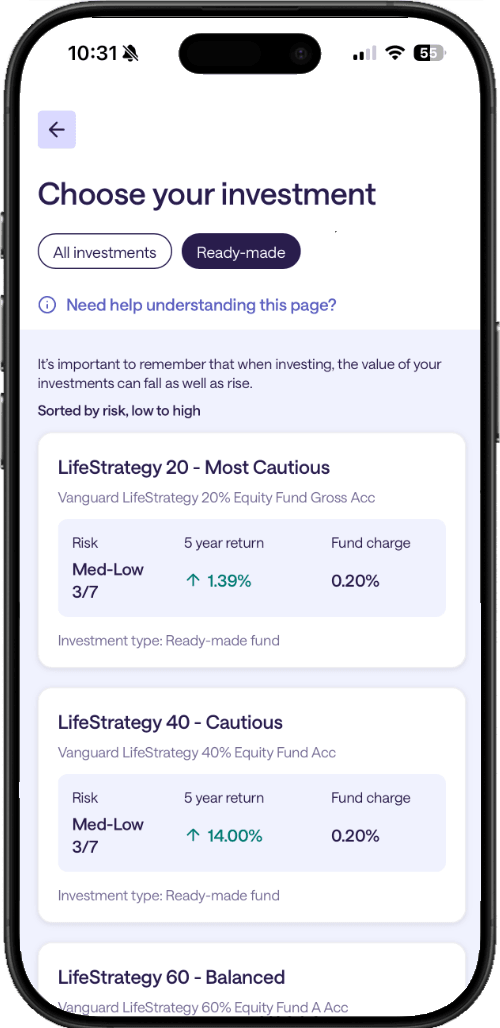 A screenshot from the MoneySuperMarket app showing the top of the list of ready-made portfolios you can invest in.