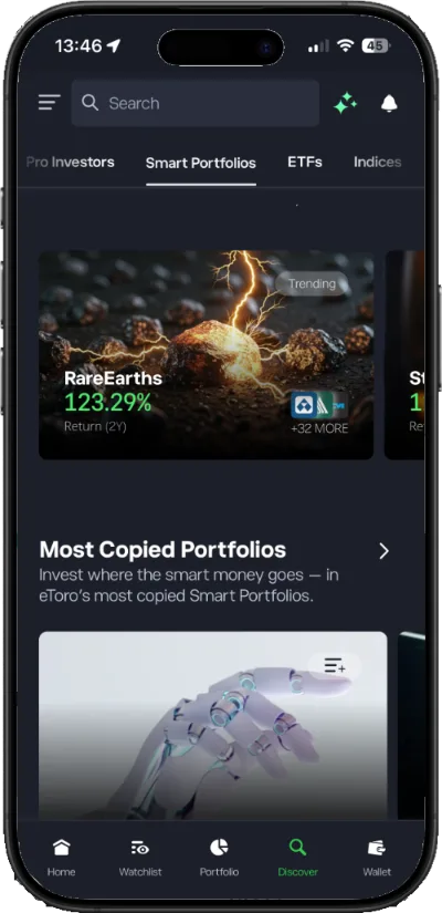 A smartphone showing the smart portfolios section within the eToro app.