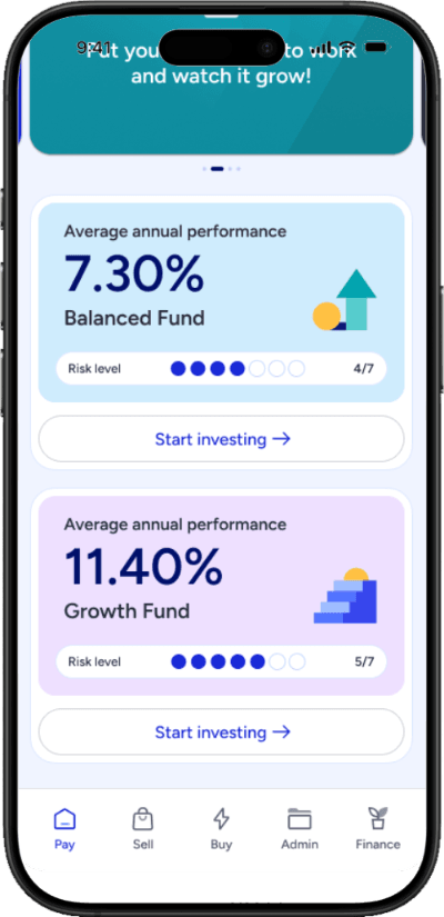 Image: Finder Tide business investing account screenshot showing the process for opening balanced fund and growth fund accounts.