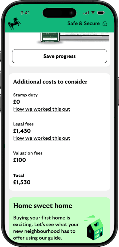 A smartphone showing other estimated costs (such as legal and valuation costs) on Lloyds' first-time buyer mortgage affordability calculator