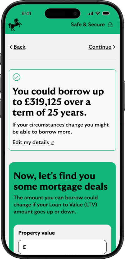 A smartphone showing the results screen of Lloyds' first-time buyer mortgage affordability calculator