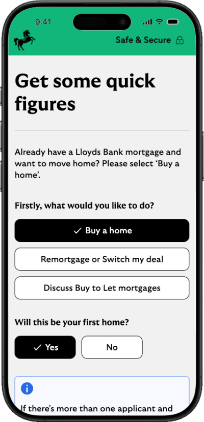 A smartphone showing the start screen of Lloyds' first-time buyer mortgage affordability calculator.