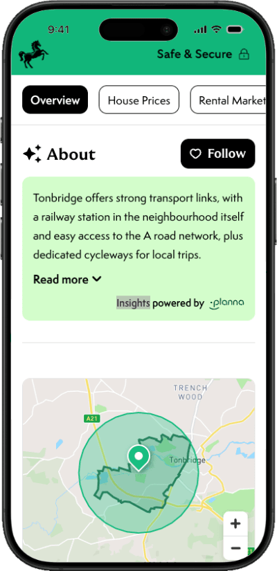 A smartphone showing Lloyds' neighbourhood guide tool which compares a specified neighbourhood against national averages on factors such as living costs and transport links.