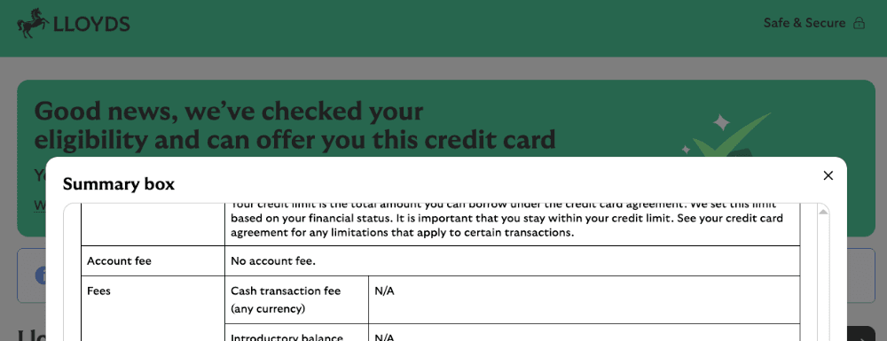A section of the Lloyds Ultra Credit Card summary box, showing the 0% fee for cash withdrawals in any currency.