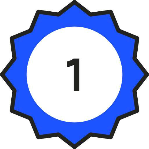 A blue and white rosette seal, with a black number 1 in the middle.