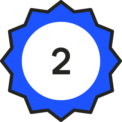 A blue and white rosette seal, with a black number 2 in the middle.