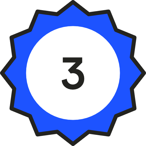 A blue and white rosette seal, with a black number 2 in the middle.