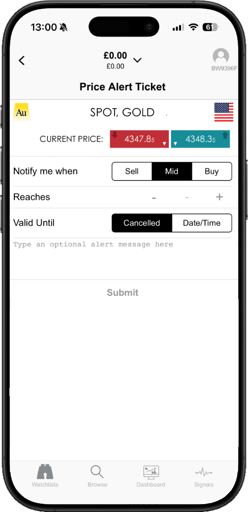 A smartphone with the Spreadex trading app open. The screen shows a price alert ticket, where you can set a notification for when the spot gold market reaches a designated price level.