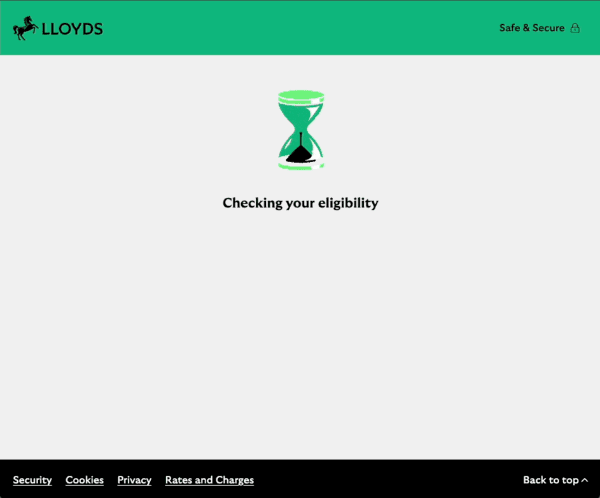 Lloyds Ultra Credit Card eligibility UX showing checker egg timer as soft search takes place.