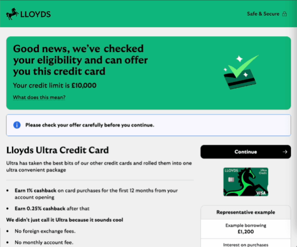 Lloyds Ultra Credit Card eligibility checker results with estimated credit limit.