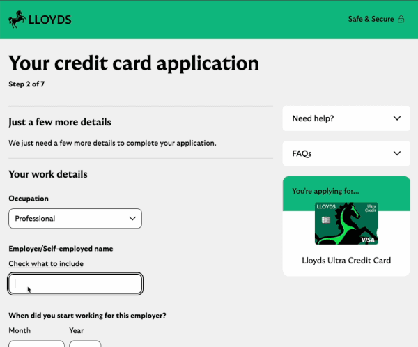 Lloyds Ultra Credit Card application UX involving questions about the applicant's employment.