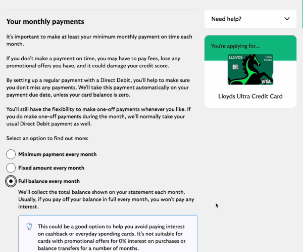 Lloyds Ultra Credit Card application process ending in direct debit instruction.